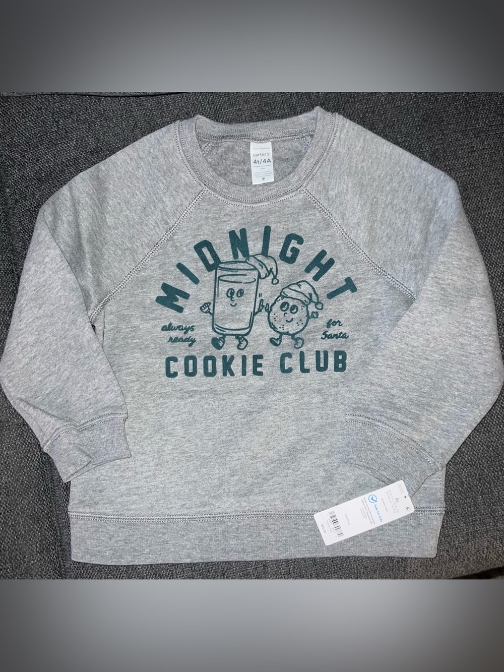 NWT Carter's Grey Sweatshirt with Teal 'Midnight Cookie Club' Graphic